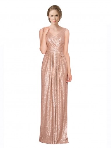 Draped V-Neck Striking Sheath Floor Length Sequin Bridesmaid Dress UK