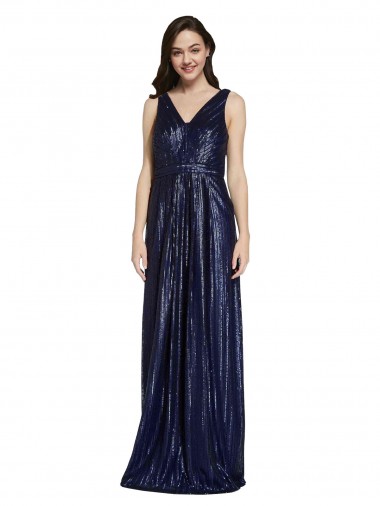 Long V-Neck Sparking Sequin Bridesmaid Dress with Low V-Back UK