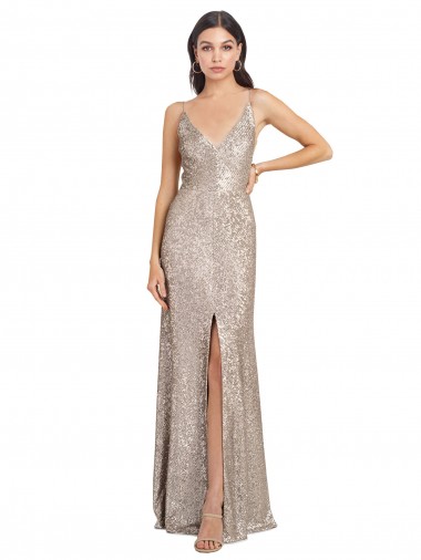 V-Neck Fully Sequin Bridesmaid Dress with V-Back and Front Slit UK