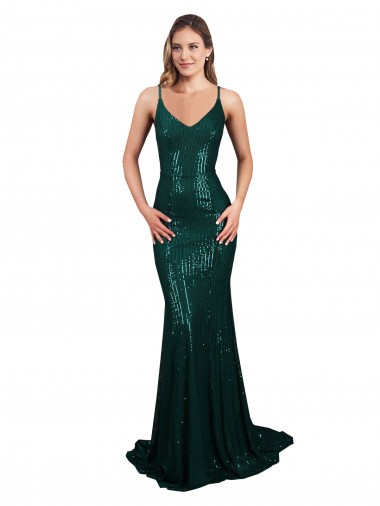 Fishtail Shaped V-Neck Open Back Long Sequin Bridesmaid Dress UK