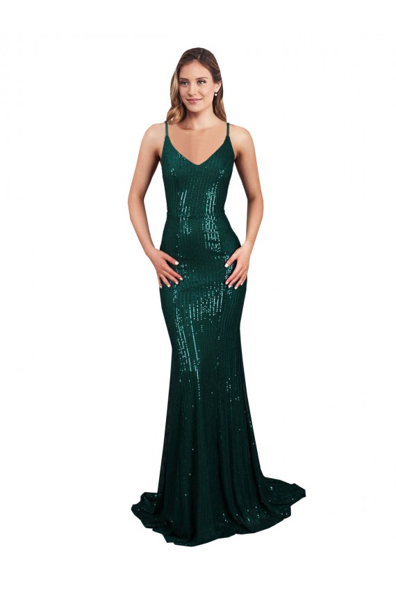 Fishtail Shaped V-Neck Open Back Long Sequin Bridesmaid Dress UK