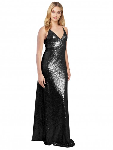 Full Length A-Line Sequin Bridesmaid Dress with Spaghetti Straps V-Neckline UK