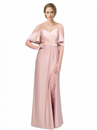 Draped Cold Shoulder Sleeves Long Silky Satin Bridesmaid Dress with Slit and Tie Back UK