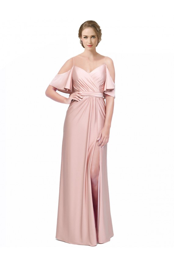 Draped Cold Shoulder Sleeves Long Silky Satin Bridesmaid Dress with Slit and Tie Back UK