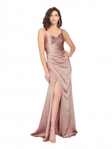 Floor Length Silky Satin Bridesmaid Dress with Front Skirt Slit UK