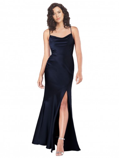 Draped Cowl Neck Silky Satin Bridesmaid Dress with Skirt Slit UK