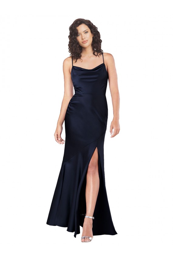 Draped Cowl Neck Silky Satin Bridesmaid Dress with Skirt Slit UK