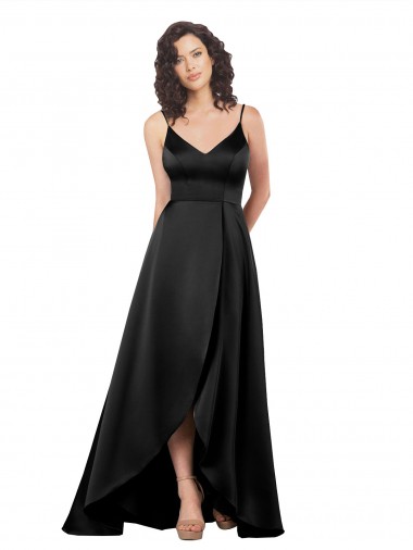 High Low V-Neckline Silky Satin Tulip Bridesmaid Dress with Wrap Skirt UK