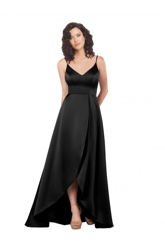 High Low V-Neckline Silky Satin Tulip Bridesmaid Dress with Wrap Skirt UK