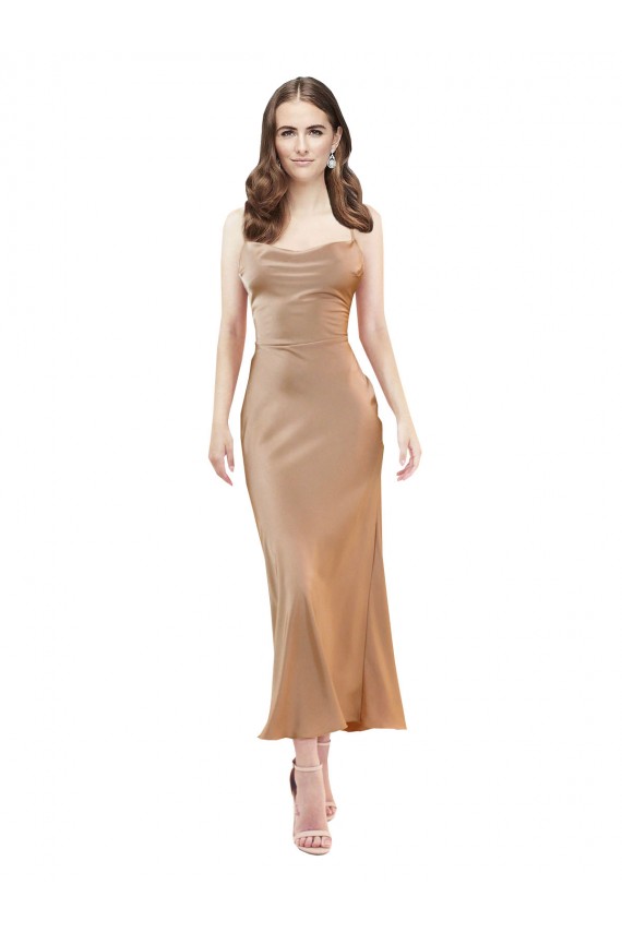 Cowl Neck Silky Satin Midi Length Bridesmaid Dress Low Back UK