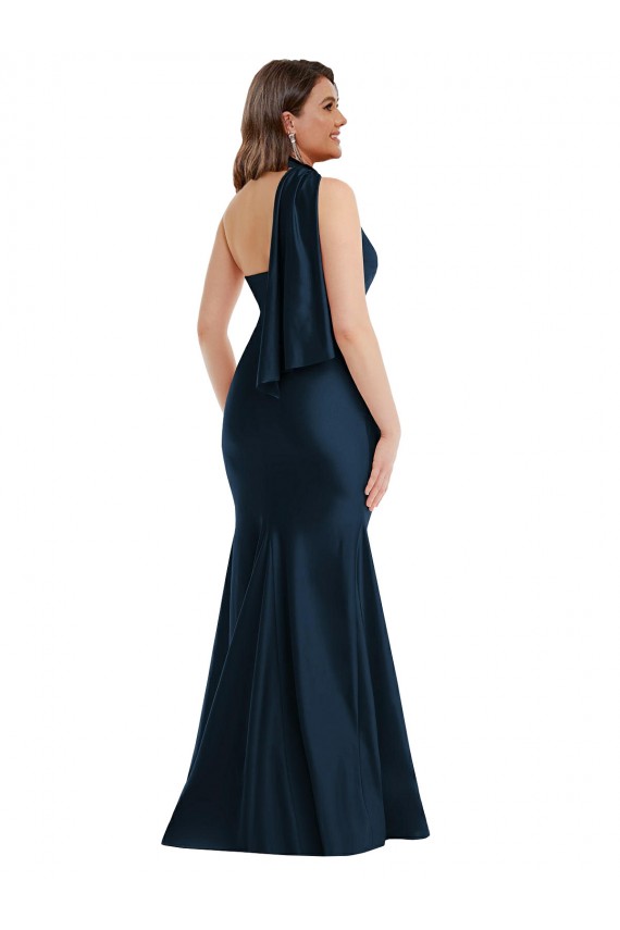 Scarf Neck One Shoulder Silky Satin Mermaid Bridesmaid Dress with Front Slit UK