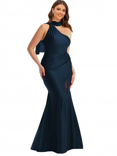 Scarf Neck One Shoulder Silky Satin Mermaid Bridesmaid Dress with Front Slit UK