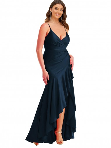 Pleated Wrap Ruffled High Low Silky Satin Bridesmaid Dress UK