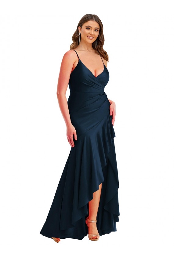 Pleated Wrap Ruffled High Low Silky Satin Bridesmaid Dress UK