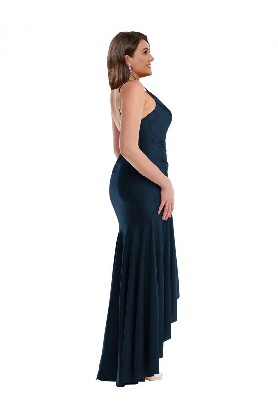 Pleated Wrap Ruffled High Low Silky Satin Bridesmaid Dress UK