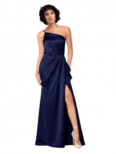 One Shoulder Silky Satin Bridesmaid Dress with Skirt Slit UK