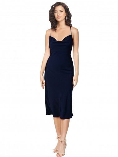 Short Midi Length Silky Satin Bridesmaid Dress with Cowl Neck and Cross Back Straps UK