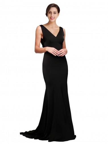 V-Neck Full Length Silky Satin Bridesmaid Dress with Soft Cowl Neck and Sweep Train UK