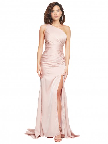 Full Length One Shoulder Long Silky Satin Bridesmaid Dress with High Split UK