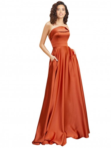 Strapless Sweep Train Silky Satin Bridesmaid Dress with Pleats UK