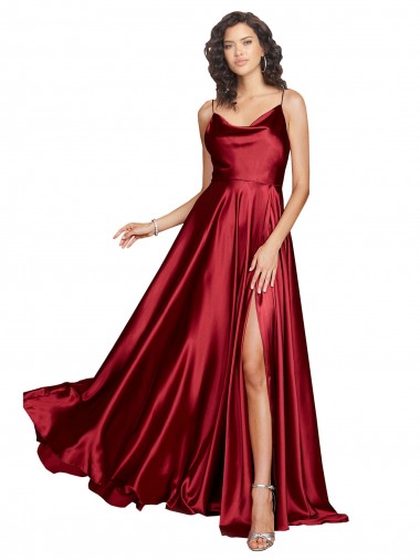 Silky Satin Cowl Neckline Long Bridesmaid Dress with Spaghetti Straps UK