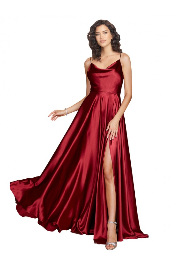 Silky Satin Cowl Neckline Long Bridesmaid Dress with Spaghetti Straps UK