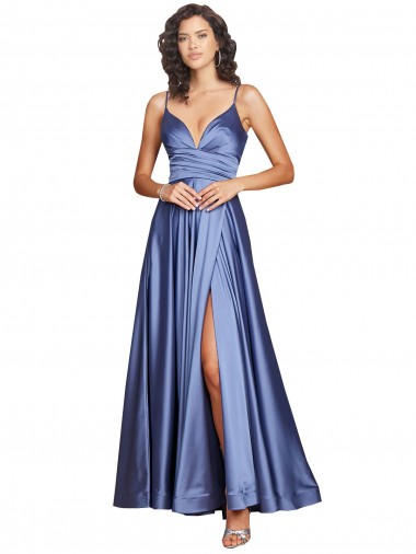 Deep V-Neck Sweetheart Long Silky Satin Bridesmaid Dress with Thigh High Slit UK