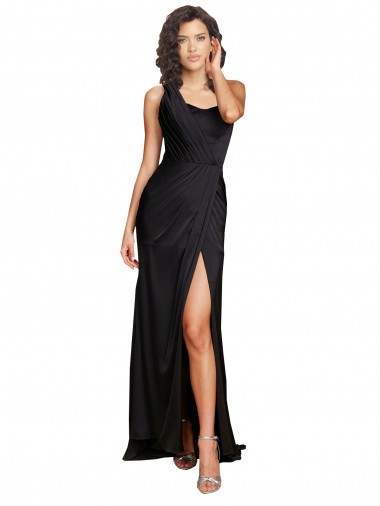 Full Length One Shoulder Ruffled Long Silky Satin Bridesmaid Dress with High Slit UK