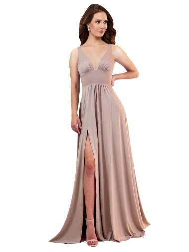 Long A-Line Plunge V-Neckline Spandex Bridesmaid Dress with Slit UK