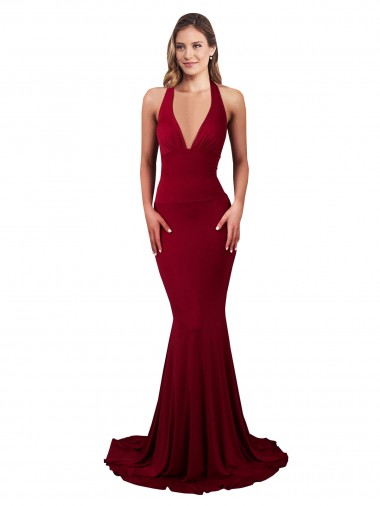 Halter Mermaid Plunge V-Neckline Open Back Bow Tie Spandex Bridesmaid Dress UK