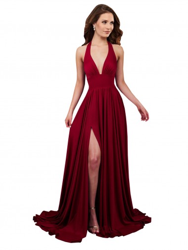 A-Line Halter Plunge V-Neckline Open Back Spandex Bridesmaid Dress with Slit UK