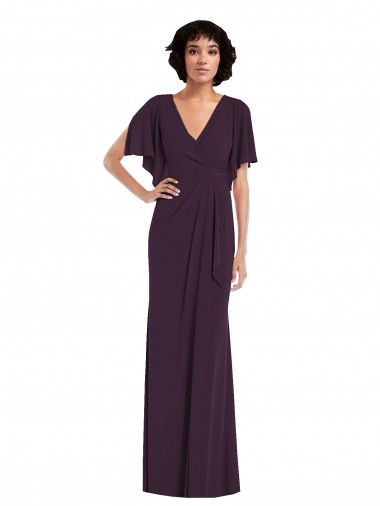 Faux Wrap Split Sleeves Maxi Spandex Bridesmaid Dress with Cascade Skirt UK