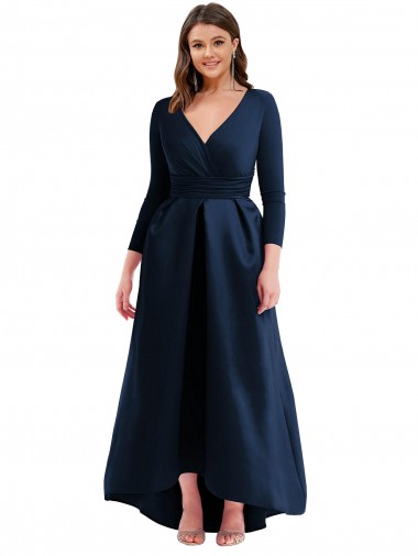 Long Sleeves Wrapped Spandex Bridesmaid Dress with High Low Full Skirt and Pockets UK