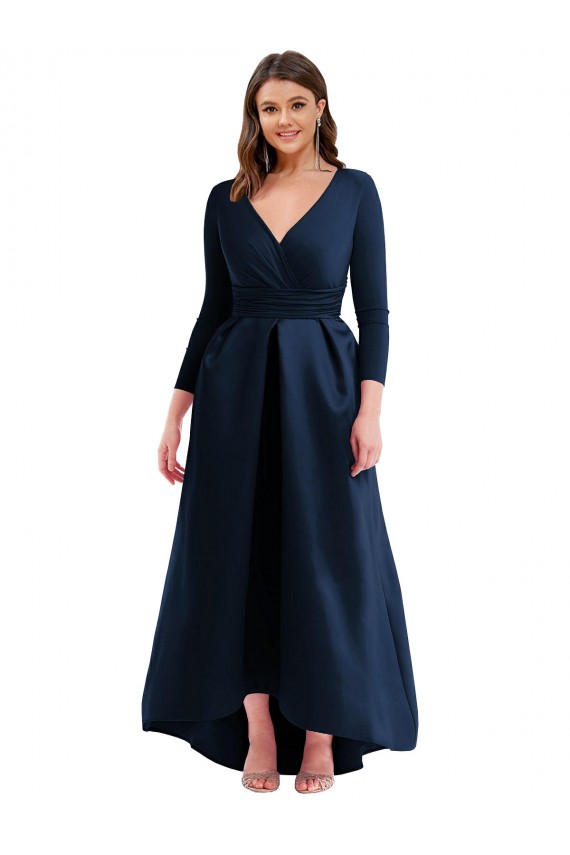 Long Sleeves Wrapped Spandex Bridesmaid Dress with High Low Full Skirt and Pockets UK