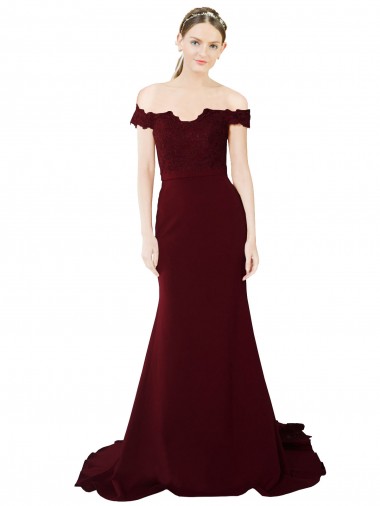 Full Length Off the Shoulder Crepe Bridesmaid Dress with Lace On Bodice and Back UK