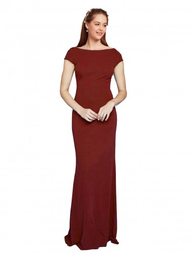 Cap Sleelves Mermaid Crepe Bridesmaid Dress Keyhole Back UK