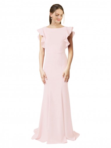 Low V-Back Long Mermaid Crepe Bridesmaid Dress with Ruffled Sleeves UK