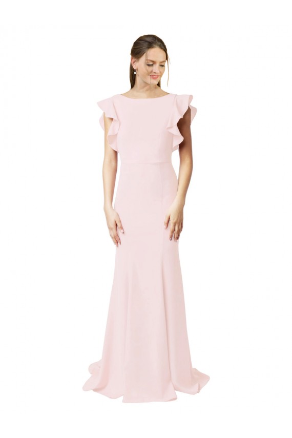 Low V-Back Long Mermaid Crepe Bridesmaid Dress with Ruffled Sleeves UK