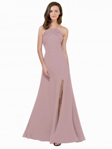 High Neck Crepe Bridesmaid Dress with Pleats and Keyhole Back UK