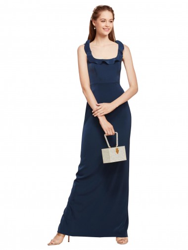 Scoop Neck with Ruffles Long Crepe Bridesmaid Dress with Back Slit UK