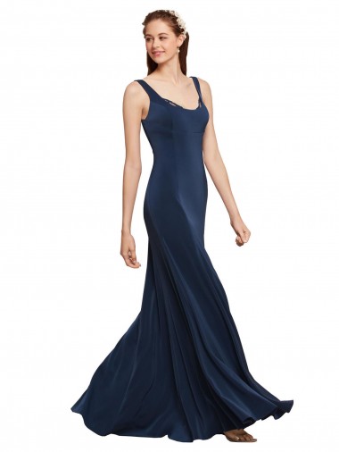 Fit and Flare Long Crepe Bridesmaid Dress with Round Neck UK