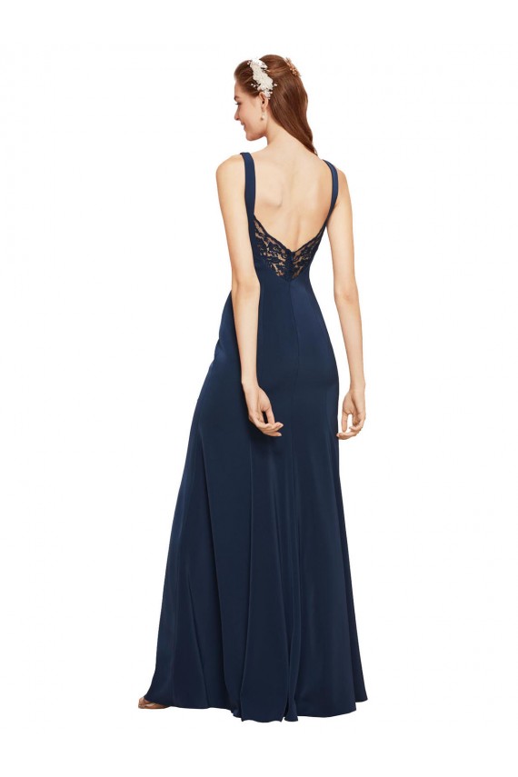 Fit and Flare Long Crepe Bridesmaid Dress with Round Neck UK