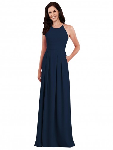 Criss Cross Back Crepe Halter Bridesmaid Dress with Pockets UK