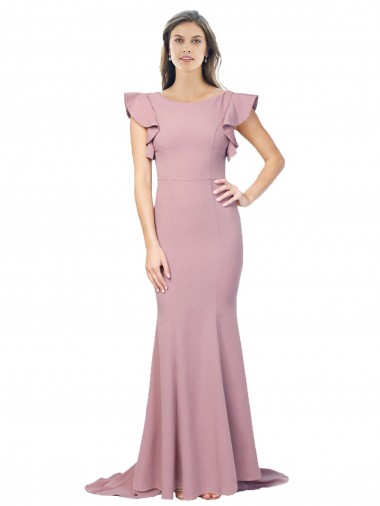 Flutter Sleeves Low V-Back High Round Neck Crepe Bridesmaid Dress UK