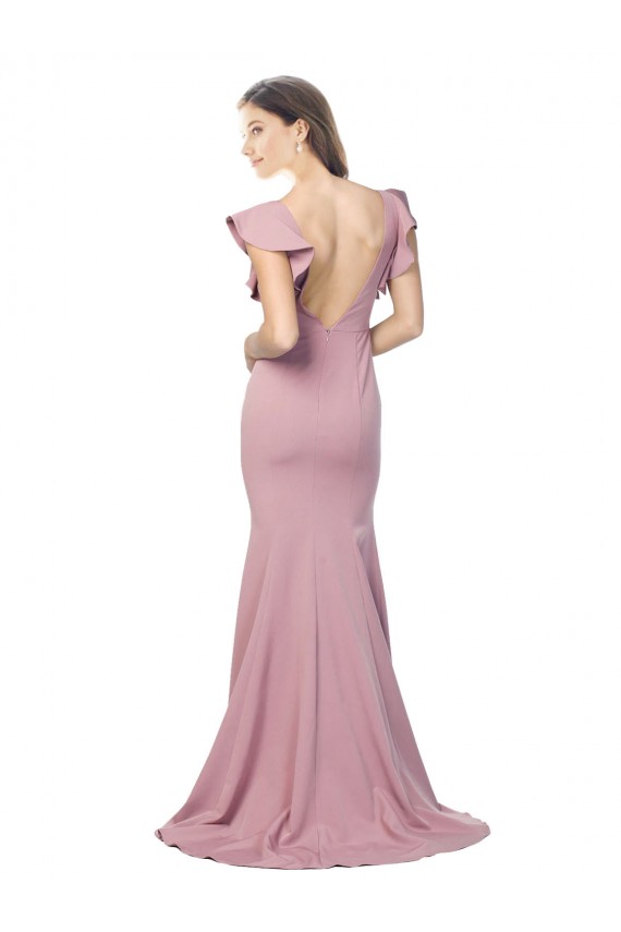 Flutter Sleeves Low V-Back High Round Neck Crepe Bridesmaid Dress UK