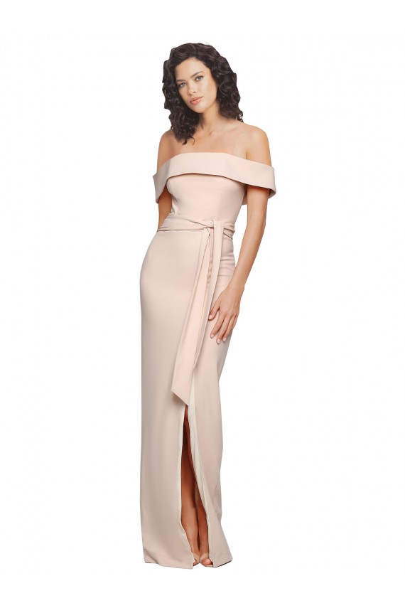 Off the Shoulder Long Crepe Bridesmaid Dress with Waist Tie and Slit UK