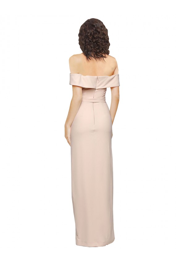 Off the Shoulder Long Crepe Bridesmaid Dress with Waist Tie and Slit UK