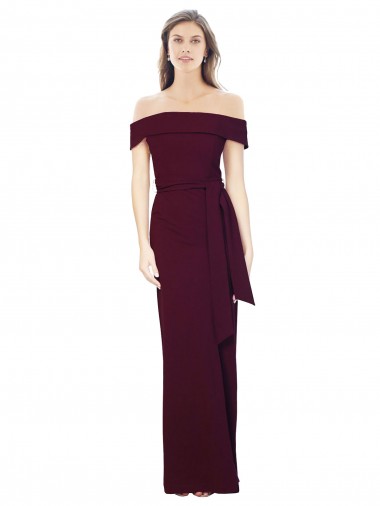 Off the Shoulder Long Crepe Bridesmaid Dress with Waist Tie UK