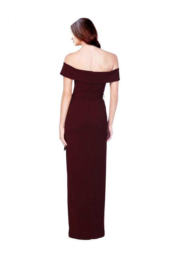 Off the Shoulder Long Crepe Bridesmaid Dress with Waist Tie UK