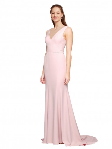 Deep V-Neckline and Back Long Sweep Train Crepe Bridesmaid Dress with Shoulder Straps UK